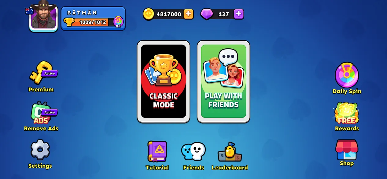 Thulla Masters main menu with Classic and Play with Friends modes