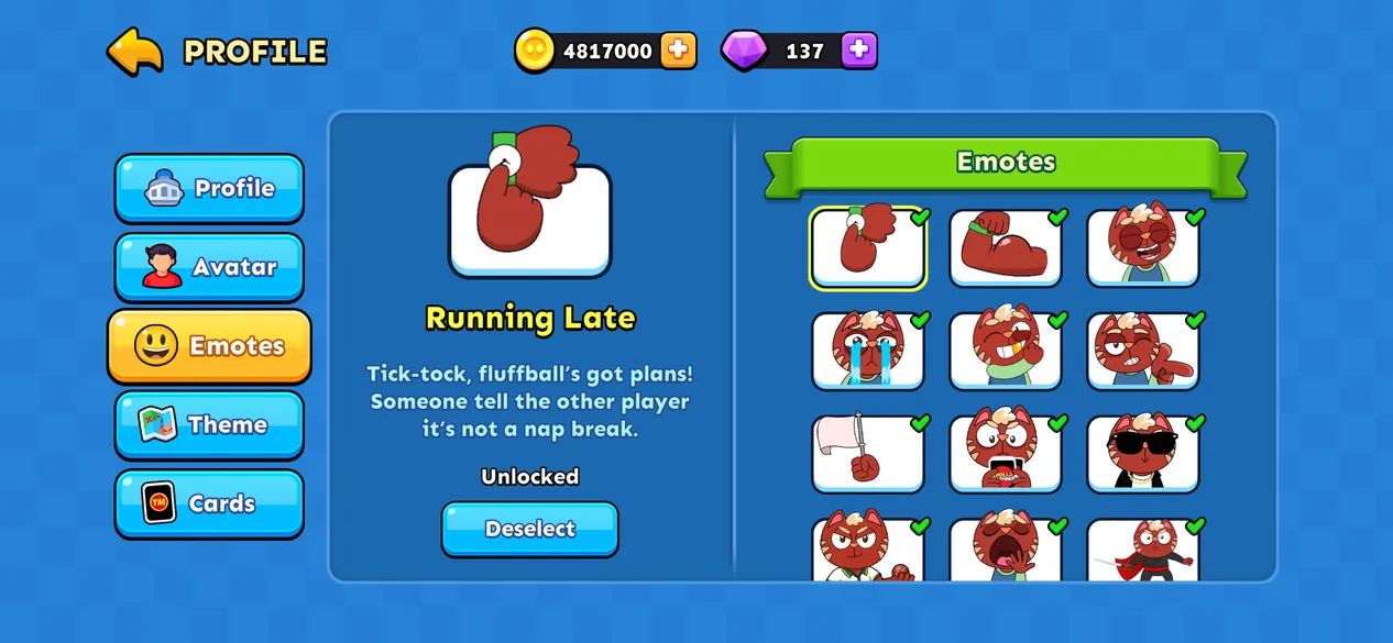 Customising emotes on the Thulla Masters profile screen